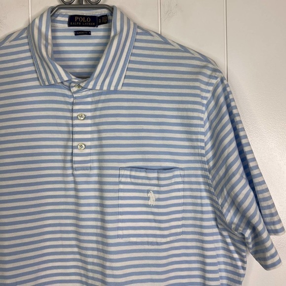 Polo Ralph Lauren Baby Blue and White Striped 3 Button Polo SZ XL - Picture 3 of 6
